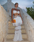 Blue floral lace ruffle long two piece suit evening gown party dress HZ1023