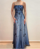 Blue Delicate Beaded Long Tulle Elegant Ball Gown Evening Dress Formal Birthday Party Dress Prom Dress HZ1023