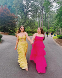 Yellow stylish elegant spaghetti straps long satin tiered ball gown formal evening dress party dress HZ1023