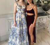 Blue white beautiful charming floral print sweetheart neckline A-line long chiffon ball gown evening dress wedding holiday party dress HZ1023