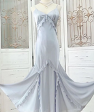 Silver Blue Vintage Fashion Elegant Exquisite Beading Mermaid Spaghetti Strap Satin Long Prom Gown Party Dress HZ1023