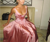 Pink Retro Elegant Square Round Neck A-line Spaghetti Strap Satin Long Evening Dress Birthday Party Dress Bridesmaid Dress HZ1023