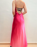 Pink Fashion Gradient Elegant Fairy Exquisite Beading Spaghetti Strap Long Satin Ball Gown Evening Dress Birthday Party Dress Prom Dress HZ1023