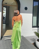 Green Fashion Elegant Spaghetti Strap Long Satin Ball Gown Evening Dress Wedding Guest Birthday Party Dress Prom Dress HZ1023