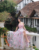 Pink Fashion Elegant Floral Long Chiffon Ball Gown Evening Dress Wedding Guest Party Dress Prom Dress HZ1023