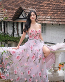Pink Fashion Elegant Floral Long Chiffon Ball Gown Evening Dress Wedding Guest Party Dress Prom Dress HZ1023