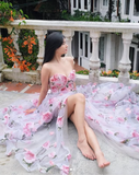 Pink Fashion Elegant Floral Long Chiffon Ball Gown Evening Dress Wedding Guest Party Dress Prom Dress HZ1023