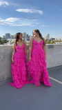Hot Pink Spaghetti Straps Tiered Long Prom Dress HZ1023