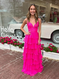 Hot Pink Spaghetti Straps Tiered Long Prom Dress HZ1023