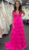 Hot Pink Spaghetti Straps Tiered Long Prom Dress HZ1023