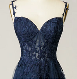 A Line Spaghetti Straps Navy Prom Dress with Appliques HZ1023