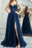A Line Spaghetti Straps Navy Prom Dress with Appliques HZ1023