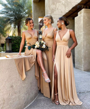 Gold V Neck Long Bridesmaid Dress with Slit HZ1023
