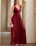 Gold V Neck Long Bridesmaid Dress with Slit HZ1023