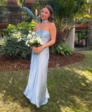 Light Blue Simple Elegant Fashion Long Satin Prom Dress Evening Dress Wedding Guest Party Dress HZ1023