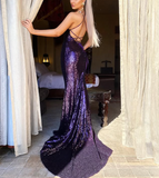 Purple Fashion Sexy Shiny Backless Halter Long Floor Length Train Sequined Ball Gown, Evening Gown, Party Dress HZ1023
