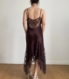 Brown Vintage Elegant Exquisite Floral Beading Spaghetti Strap Long Satin Lace Ball Gown Evening Dress Birthday Party Dress Prom Dress HZ1023