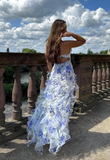Blue Charming Floral A-Line Spaghetti Strap Long Ball Gown Party Dress Evening Gown HZ1023