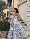 Blue white beautiful charming floral print sweetheart neckline A-line long chiffon ball gown evening dress wedding holiday party dress HZ1023