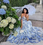 Blue white beautiful charming floral print sweetheart neckline A-line long chiffon ball gown evening dress wedding holiday party dress HZ1023