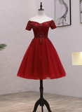 Tulle Dark Red Off The Shoulder Knee Length Homecoming Dress, Red Party Dress HZ1023