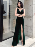 Dark Green Velvet Long Straps Floor Length Party Dress, Green Prom Dress Formal Dress HZ1023