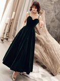 Dark Green V Back Long Velvet Elegant Party Dress, A-Line Straps Bridesmaid Dress HZ1023