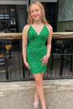 Green Sequin V-Neck Lace-Up Tight Short Homecoming Dress HZ1023