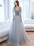 Lovely Grey Shiny Tulle V-Neckline Puffy Sleeves Long Prom Dresses, Grey Evening Dresses HZ1023