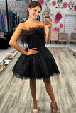 A-Line Black Sequin Feather Short Party Dress HZ1023