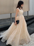 Champagne Lace V-Neckline Tulle Long Evening Dress Prom Dress, A-Line Lace Formal Dresses HZ1023