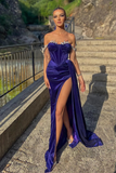 Velvet Off-the-Shoulder Beads Split Mermaid Prom Dress With Ruffles HZ1023