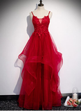 Red Lace Tulle Layered Straps Fashionable Long Party Dress, Long Prom Gown HZ1023