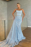 Baby Blue Strapless Sleeveless Beadings Mermaid Prom Dress With Sequins HZ1023