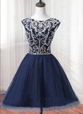 Short Tulle Beaded Dress Blue Knee Length Homecoming Dress, Cute Party Dress HZ1023