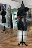 Black Sequin Ruffled One-Shoulder Short Homecoming Dress HZ1023