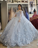 Light blue long ball gown evening gown quinceanera dress off the shoulder floral sequin beads fluffy party princess sweet 16 dress HZ1023