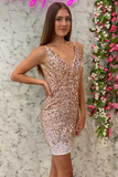 Rose Gold Sequin V-Neck Backless Short Homecoming Dress HZ1023