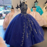Shinning Dark Blue Quinceanera Dresses Beads Halter Neck Sweetheart Sweet 16 HZ1023