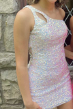 One Shoulder Sequins Bodycon Mini Dress with Keyhole HZ1023