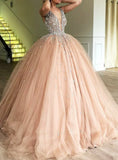Pink Ball Gown Deep V-neck Tulle Sweet 16 Dress With Beading Party Dress HZ1023