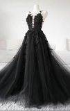 Unique Black Tulle V Neck Sheer Back Lace Applique Evening Dress, Formal Dress HZ1023