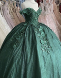 Off The Shoulder Green Ball Gown With Flowers Sweet 16 Dress HZ1023