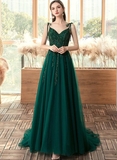 Green Beaded V-Neckline Straps Tulle Long Formal Dress, Dark Green A-Line Prom Dress HZ1023
