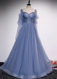 Blue Tulle Beaded Sweetheart Unique Long Prom Dress, Blue Evening Dress Formal Dress HZ1023