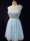 Light Blue One Shoulder Tulle And Lace Homecoming Dress, Bridesmaid Dress HZ1023