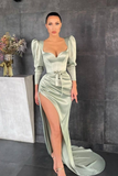 Dusty Sage Long Sleeves Prom Dress Split With A Bowknot HZ1023