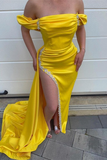 Yellow Off-the-Shoulder Mermaid Prom Dress Split With Beads HZ1023