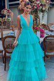 Blue fashion V-neck elegant A-line long floor-length tulle ball gown evening dress wedding guest party dress HZ1023