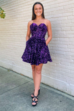 Purple Sequin Sweetheart A-Line Short Homecoming Dress HZ1023